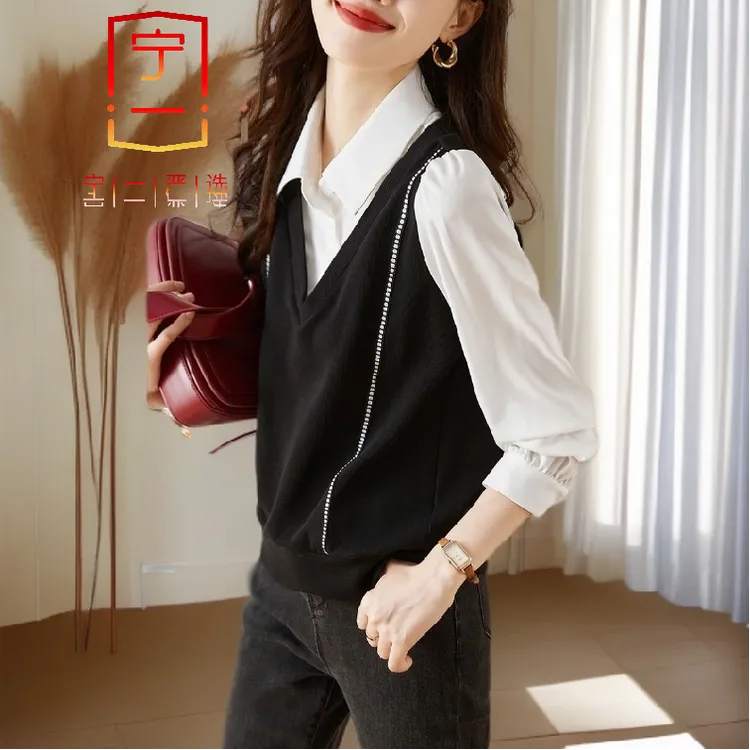 【宁一女装】时尚洋气显瘦假两件拼接衬衫女春秋新款设计款通勤休闲
