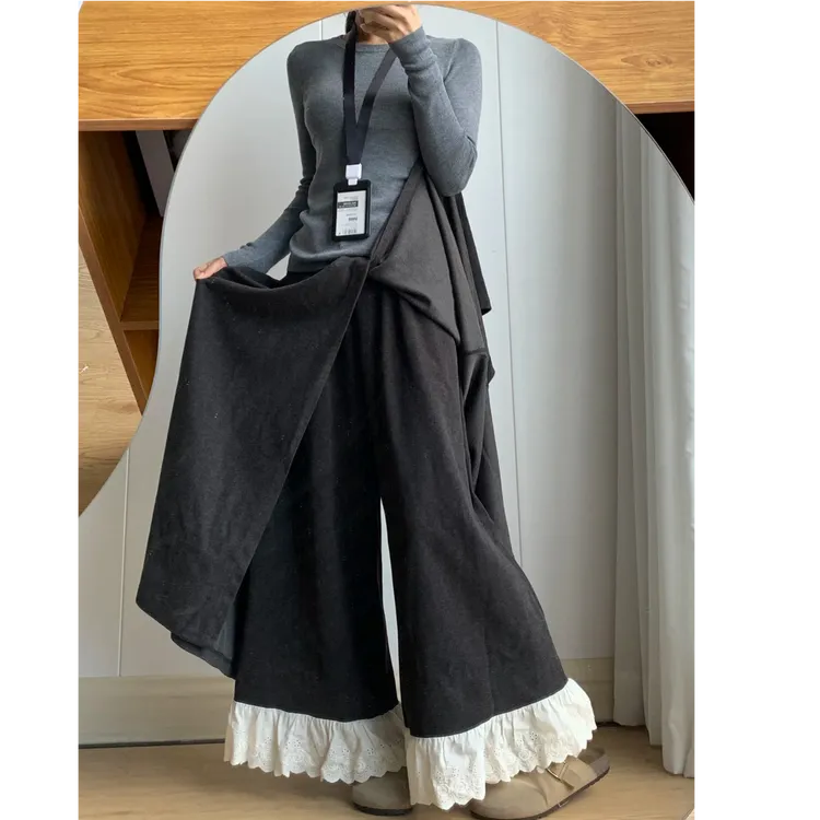 今年流行梧桐裤裙裤假两件大码女胖mm慵懒风蕾丝拼接毛呢阔腿裙裤