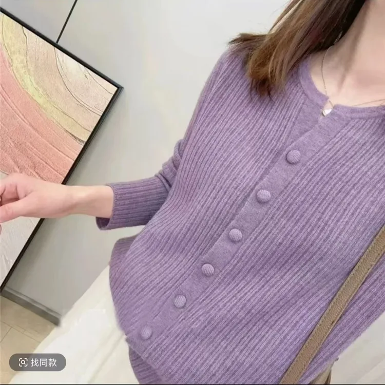 纯色包扣毛衣开衫宽松长袖针织衫显瘦上衣春季新款女装时尚外套