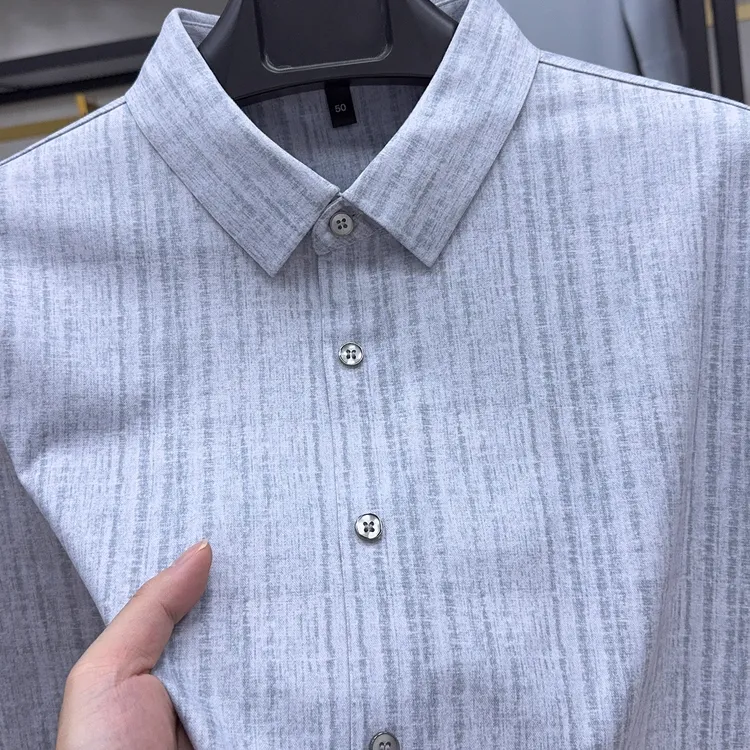 in  cotton sea高档免烫竖条纹绒感长袖秋季爸爸装商务休闲衬衫