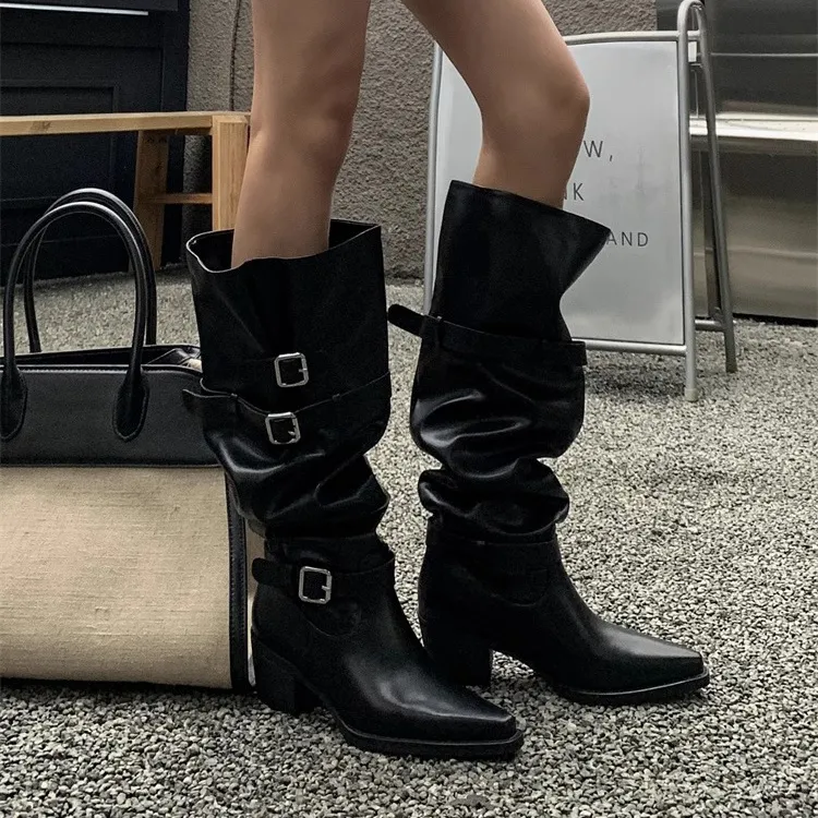 过膝长靴子女2025新款秋季褶皱堆堆靴皮带扣长筒靴尖头粗跟骑士靴