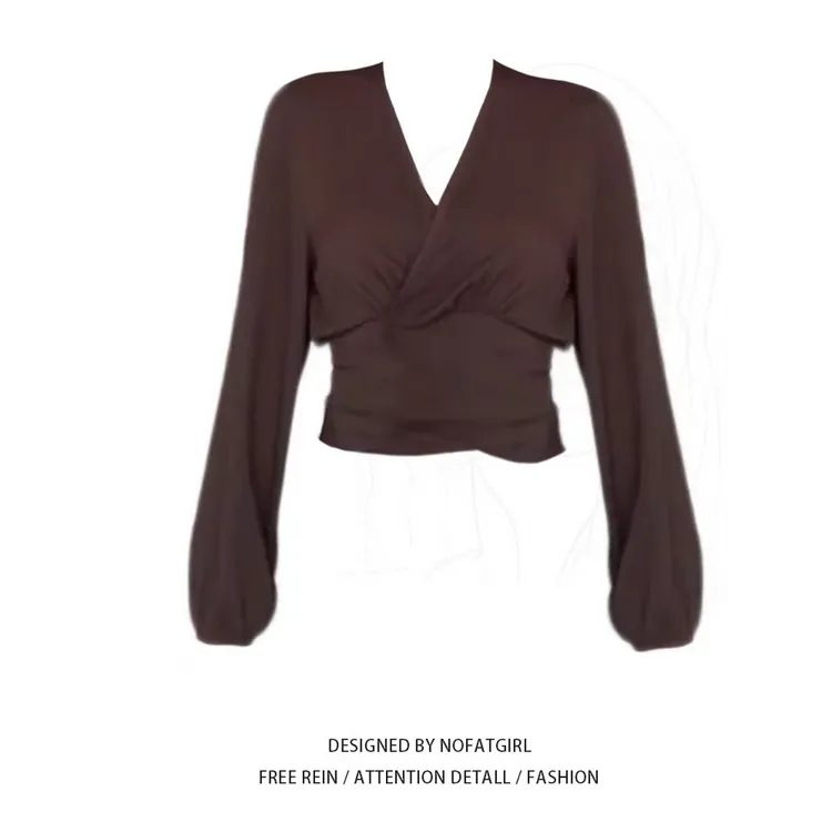 美拉德复古咖色V领长袖衬衫女春季新款后背绑带独特别致百搭上衣