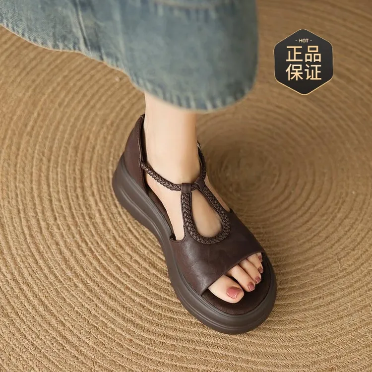 露趾增高复古休闲厚底凉鞋女夏季外穿2025新款百搭软底罗马凉鞋子