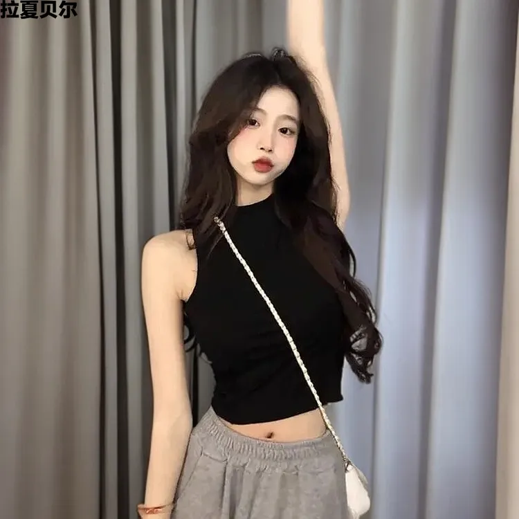 拉夏贝尔春夏2025新款修身女黑色小高领吊带背心显瘦内搭