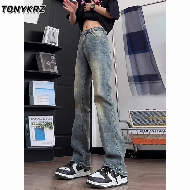 TONYKRZ复古深蓝牛仔裤男直筒窄版美式vibe高街弯刀微喇休闲裤子