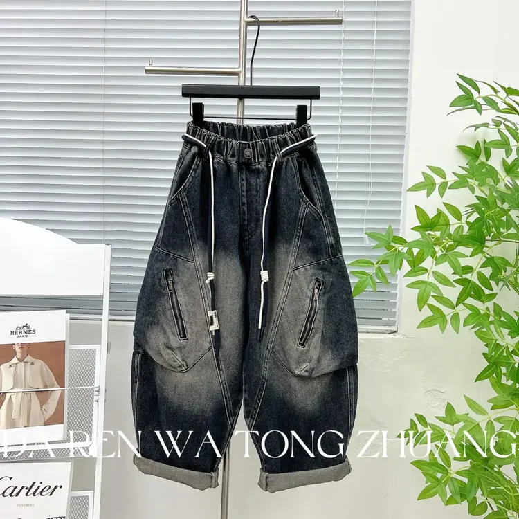 男童裤子2025秋季新款时尚潮流设计师款中大童复古拼接工装牛仔裤