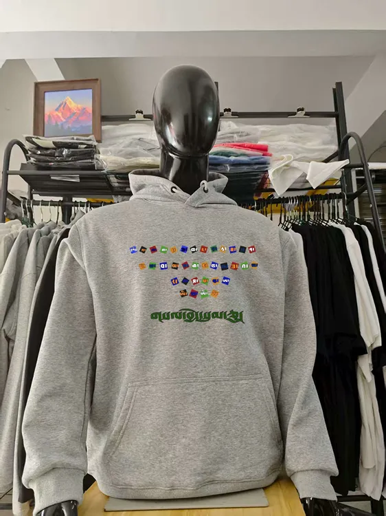 国潮藏文印花连帽衫秋冬男女同款重磅宽松套头银狐绒连帽卫衣加绒