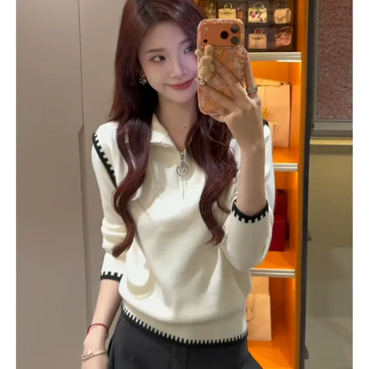 撞色半拉链高领毛衣外套女2025秋冬新款加厚保暖慵懒风针织衫上衣