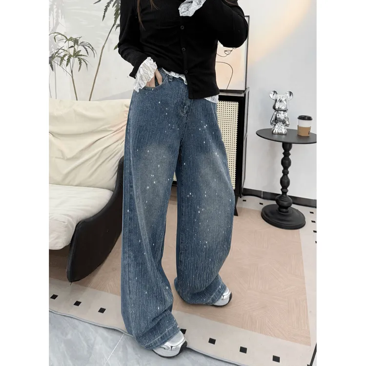 宽松高级感百搭拖地牛仔裤女2025秋季满天星河设计感烫钻阔腿长裤