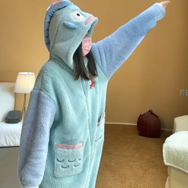 大码可爱小丑鱼珊瑚绒连体睡衣秋冬季加厚毛绒加绒家居服连帽睡袍