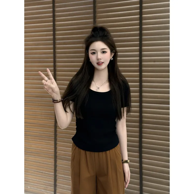 宿慕SUMU女装纯色褶皱短袖T恤夏季2025新品薄款时尚显瘦百搭上衣
