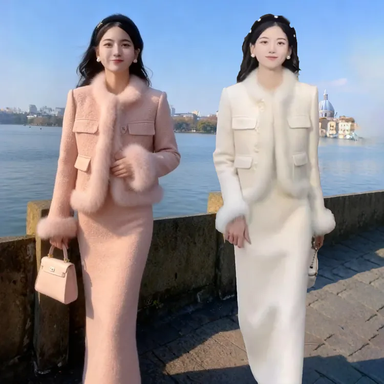 新款韩版小香风套装女冬季兔毛拼接短款外套半身裙加厚保暖两件套