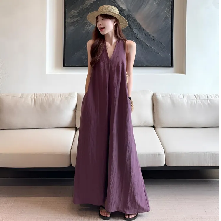 连衣裙夏韩版女装吊带长裙纯色高腰收腰V领无袖2025年气质慵懒风