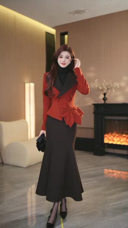 罗曼定制 高定原创红色拼接花朵外套翻领上衣+鱼尾半身裙两件套装