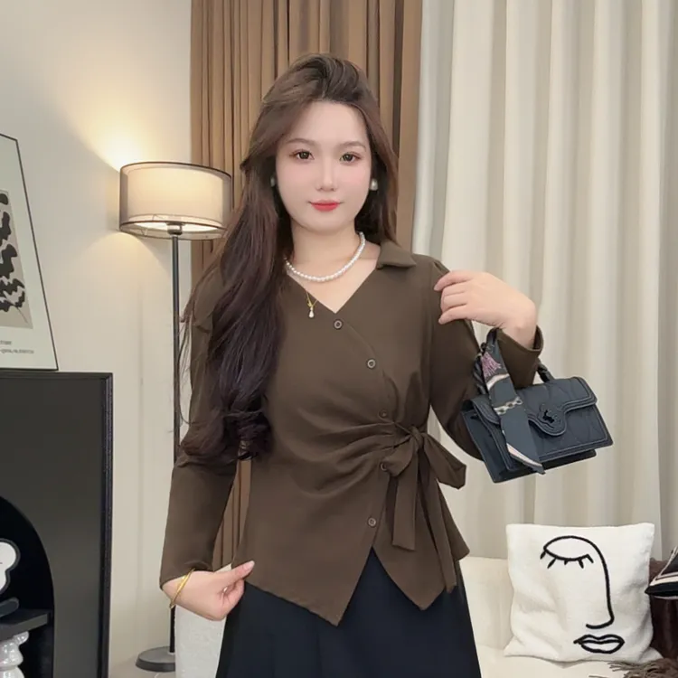 微胖大码时尚长袖衬衫2025秋季新款加厚保暖收腰纯色扣子系带上衣