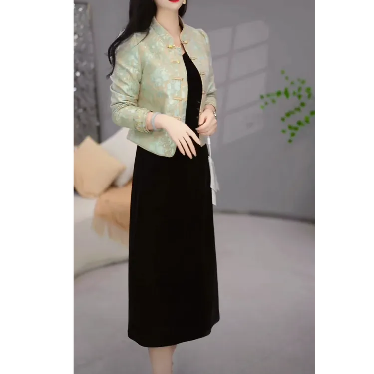 伊纤梦女装2025秋季中国风新中式时尚气质优雅重工外套连衣裙套装