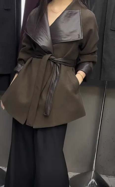 大翻领系带收腰显瘦中长款气质毛呢大衣外套女