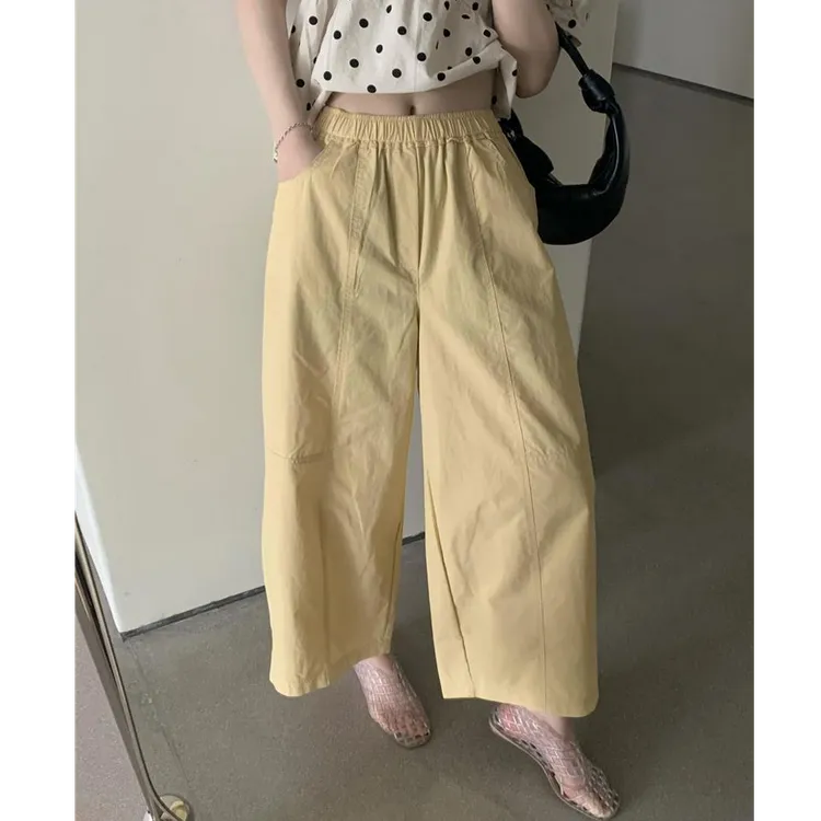 夏季宽松韩版松紧腰阔腿裤女薄款黄色九分奶奶裤显瘦百搭休闲裤子