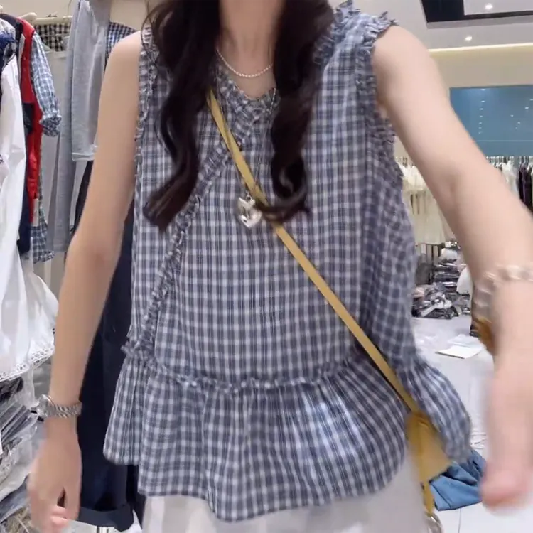 夏季新款格纹设计款减龄宽松格子衬衫木耳边无袖上衣拼接