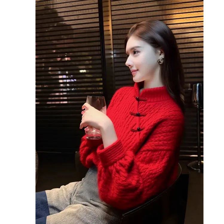 Z420新中式红色毛衣女设计感独特漂亮巨好看减龄气质加厚针织上衣