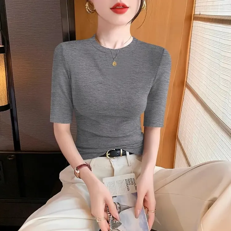 气质修身显瘦小圆领中袖打底衫春秋款简约百搭五分袖T恤上衣女士