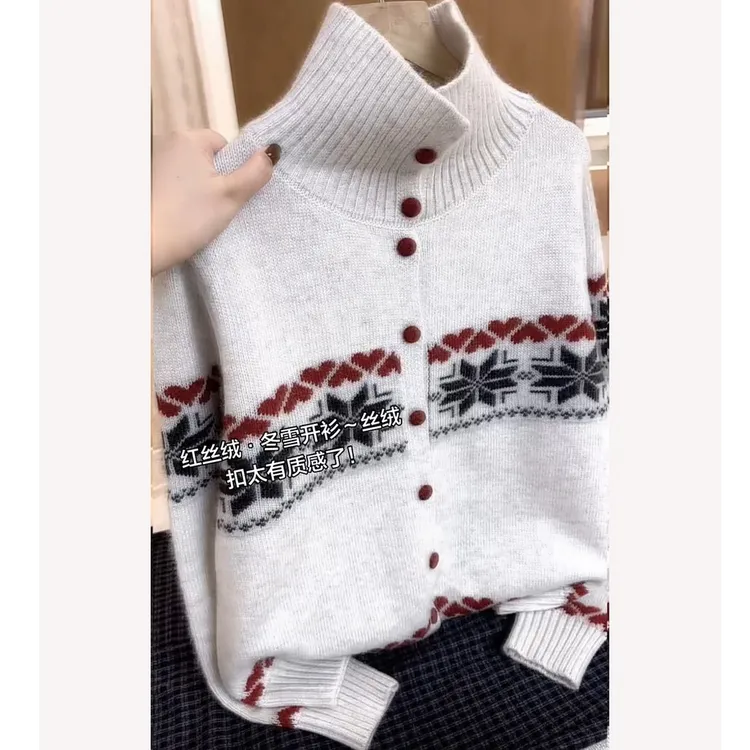 韩版时尚圣诞费尔岛手工绣针织开衫女软糯半高领加厚毛衣外套女