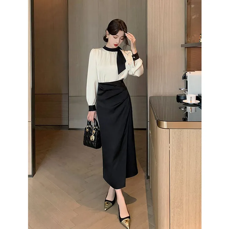 春秋女神范显瘦气质套装女2025新款长袖飘带衬衫开叉半身裙两件套