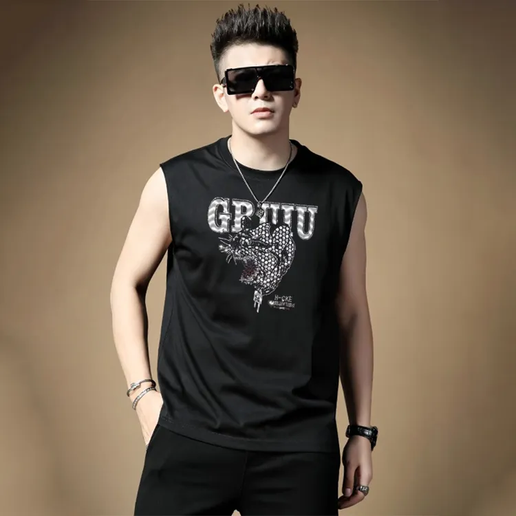 高级感夏季新款无袖T恤潮男士时尚烫印坎肩背心修身百搭潮流帅气