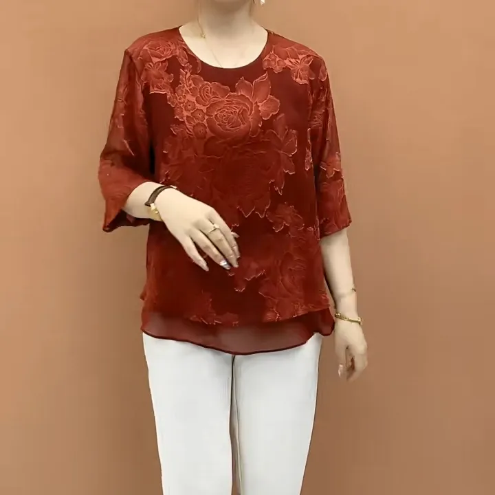 高级时尚高档提花大码休闲雪纺衫2025夏季新款洋气妈妈宽松打底衫