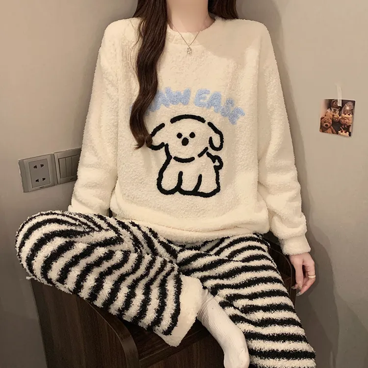 半边绒睡衣女秋冬季长袖长裤卡通可爱加厚加绒条纹少女爆款家居服