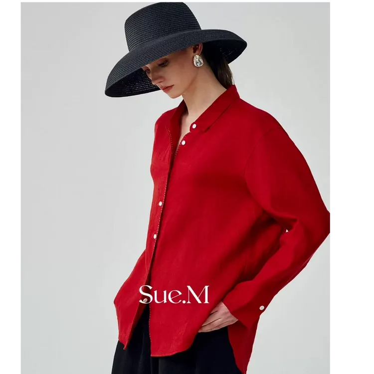 Sue.m100%进口蓝色亚麻衬衣新款撞色珠边松弛感宽松大红色衬衫女