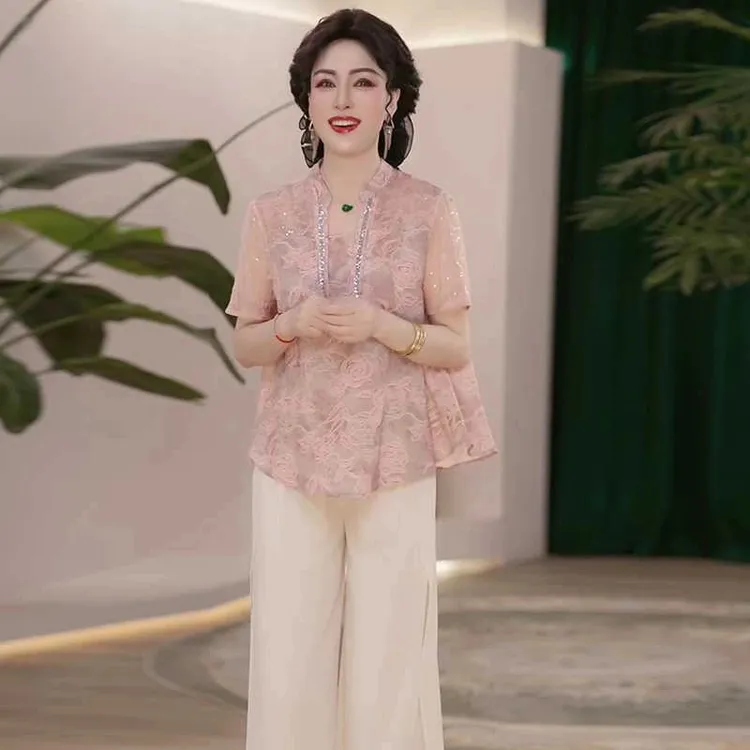 2025新款夏季妈妈装薄款时尚套装衬衣中老年女装洋气减龄T恤衣服