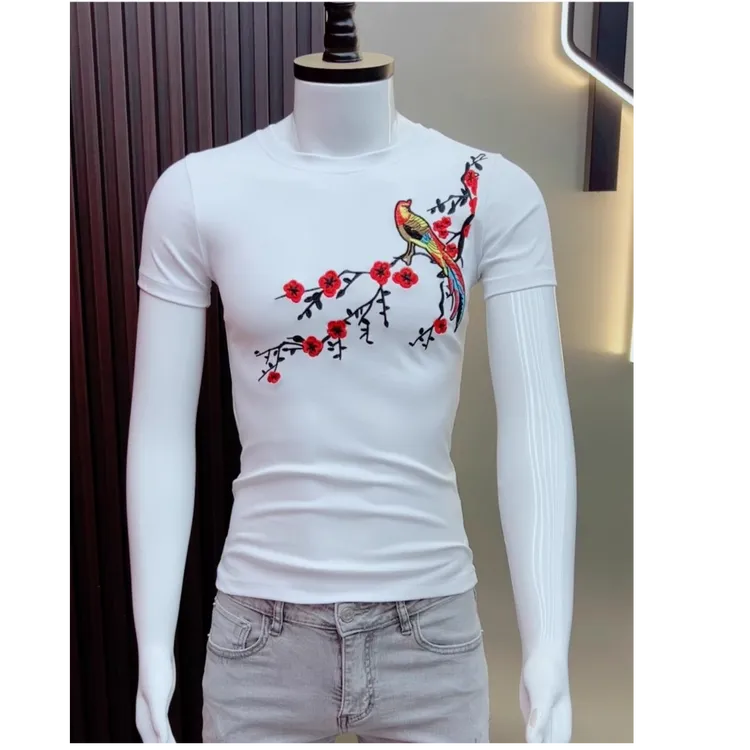设计感夏季国潮中国风重工花鸟刺绣短袖T恤男修身百搭男士潮t