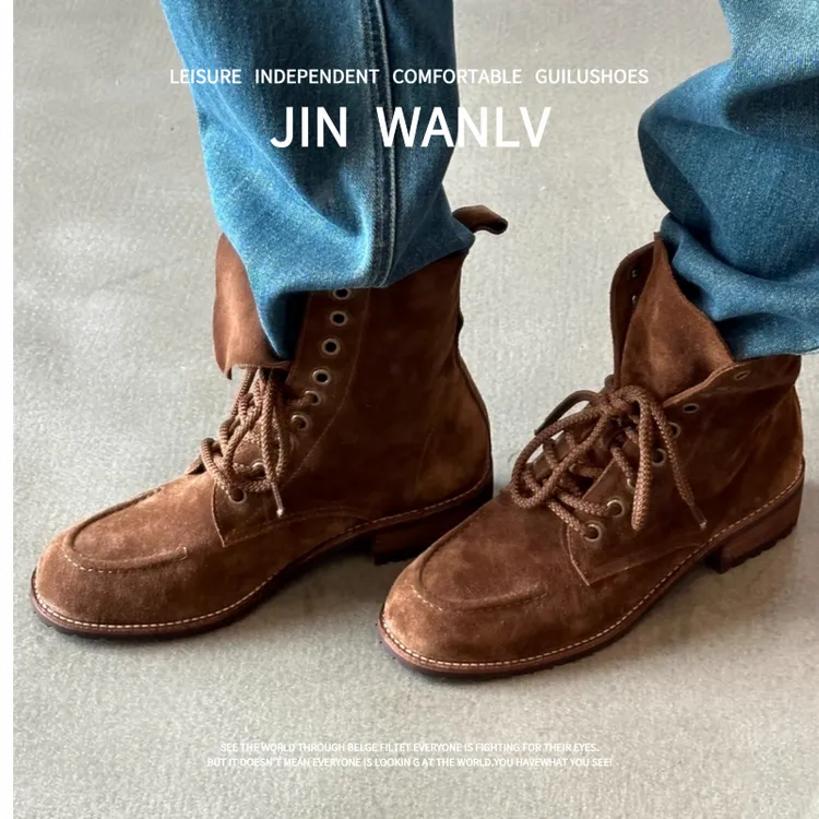 羊皮版~2025秋冬新款真皮复古风系带马丁靴女厚底百搭美拉德短靴