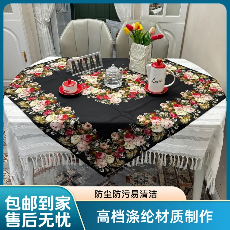 新款欧式复古大玫瑰不沾油印花餐桌布家用加厚高端防油防污餐垫布