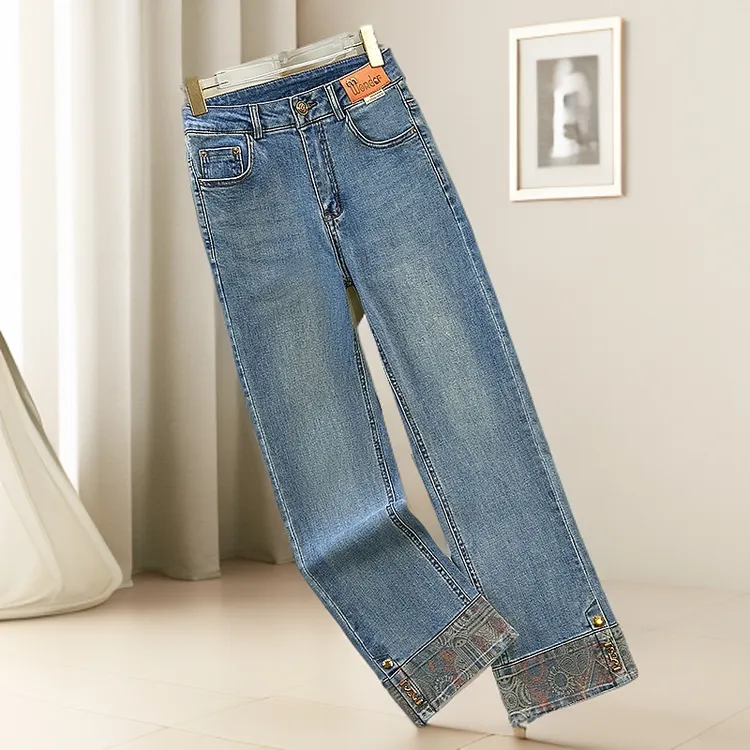 中国风印花牛仔烟管裤女2025春季新款高腰显瘦卷边爆款九分直筒裤
