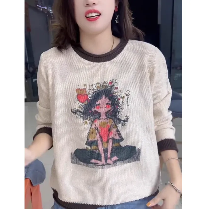 2025秋冬新款撞色圆领针织打底衫女宽松大码女装上衣印花时尚毛衣