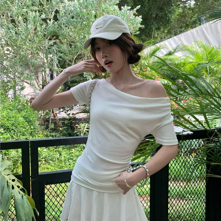温柔千金荡领短袖气质洋气衣服女夏季小心机露肩甜美可爱气质纯欲