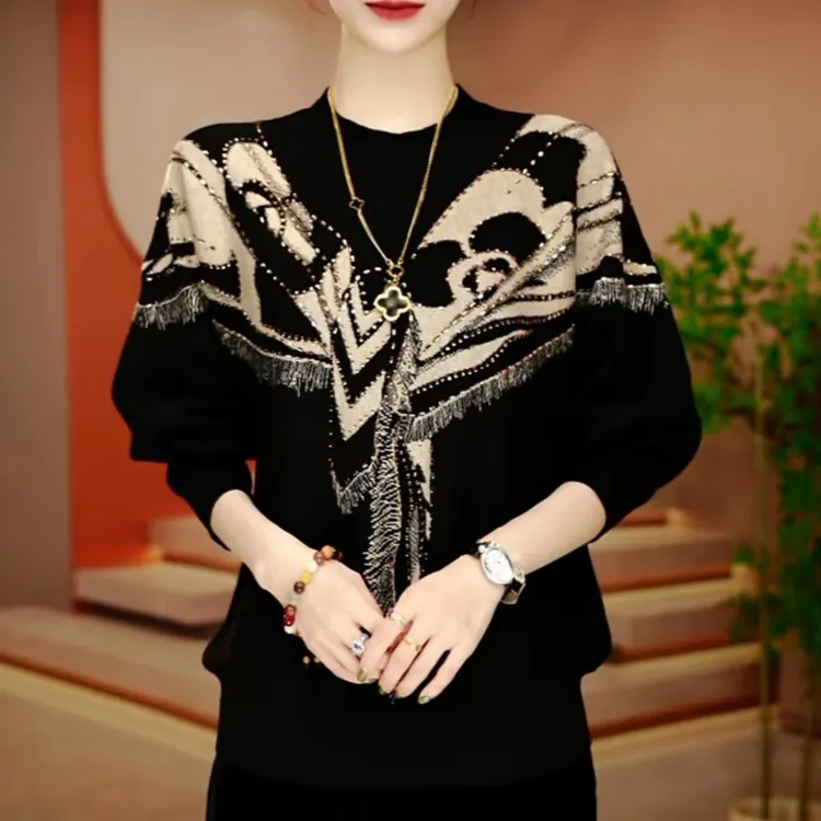 秋冬季时尚洋气高级感韩版针织衫宽松遮肉显瘦中老年打底圆领毛衣