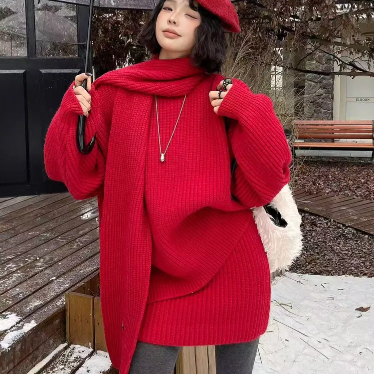 加厚红色时尚针织三件套女秋冬新款宽松氛围感毛衣半身裙围巾套装