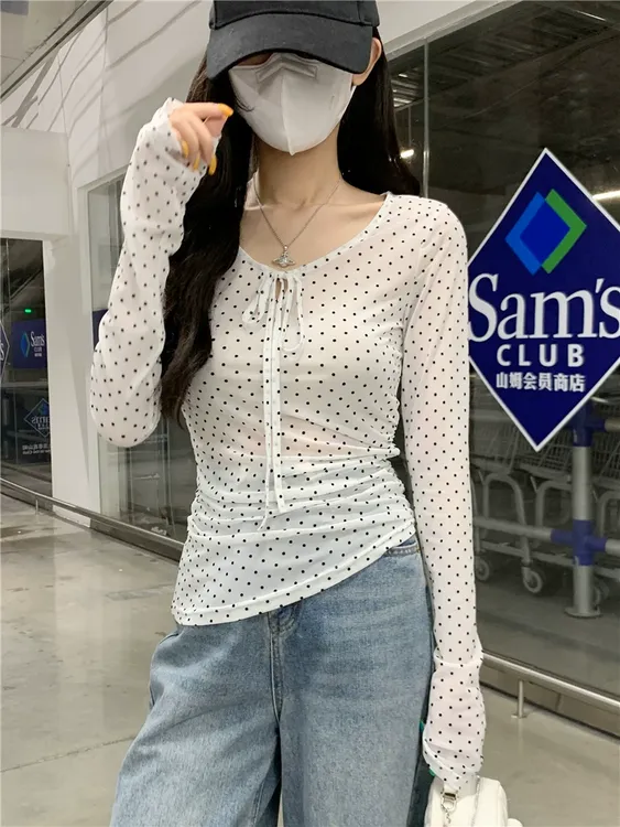 时尚设计感白色波点系带气质长袖T恤女秋季收腰显瘦百搭上衣