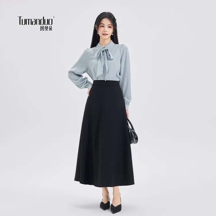 图曼朵蓝色蝴蝶结长袖衬衫女士2025春秋职业正装公考教资面试衬衣