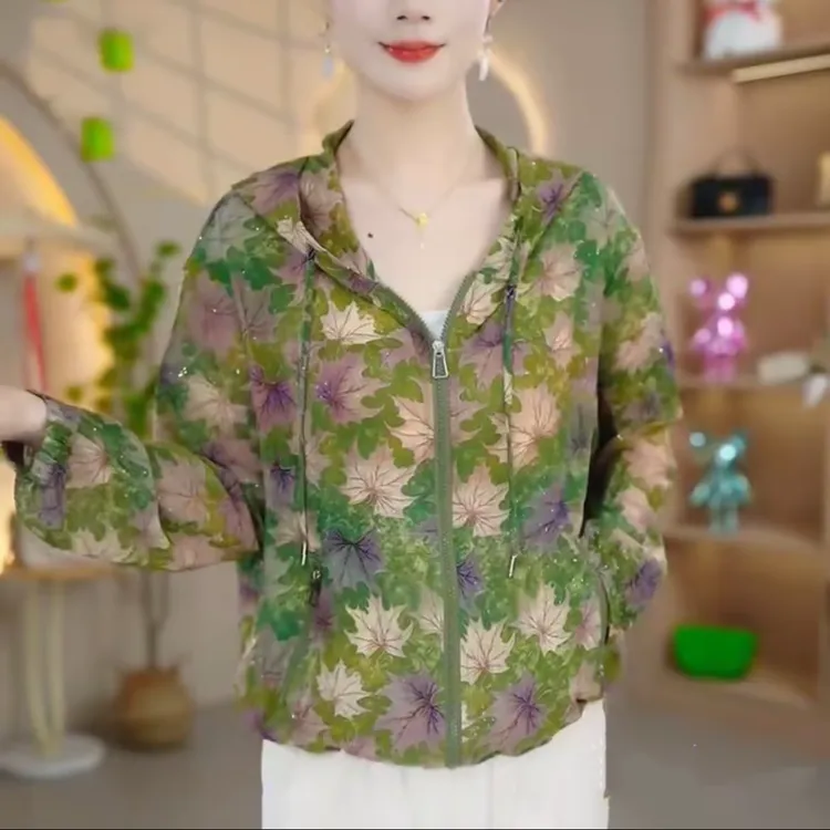 夏季新款时尚洋气连帽拉链外套印花显瘦减龄休闲百搭妈妈开衫上衣