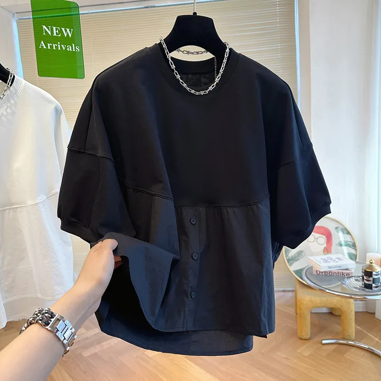 大码新款小众别致设计感t恤女夏季短袖宽松下摆衬衫拼接小衫上衣