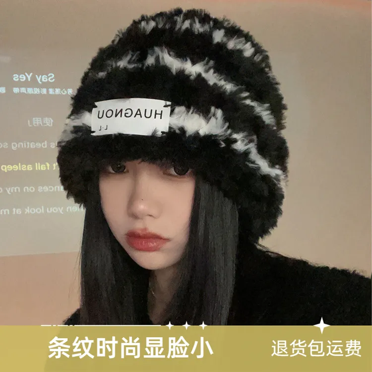新款冬季女士加厚毛绒针织条纹显脸小护耳堆堆帽保暖大头围适用帽
