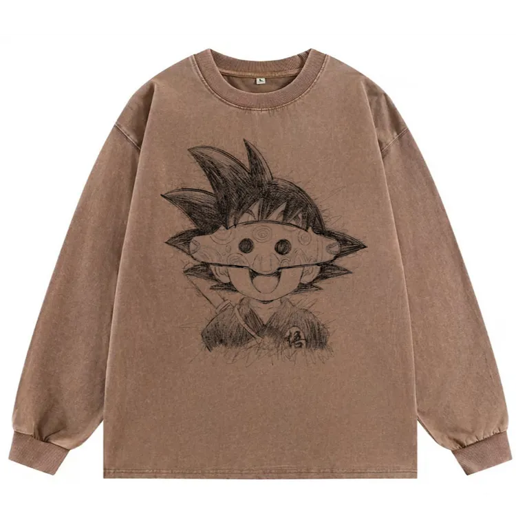 【阿祖悟空】做旧水洗秋冬重磅双纱纯棉长袖宽松300g手绘设计款T恤