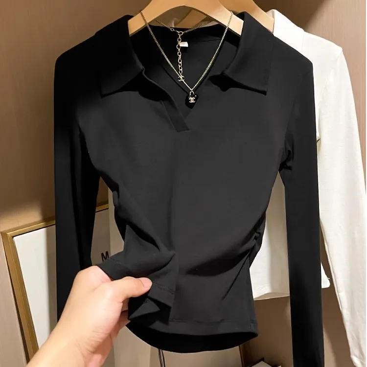 2025美式正肩Polo领长袖T恤秋季新款褶皱收腰显瘦简约百搭上衣女