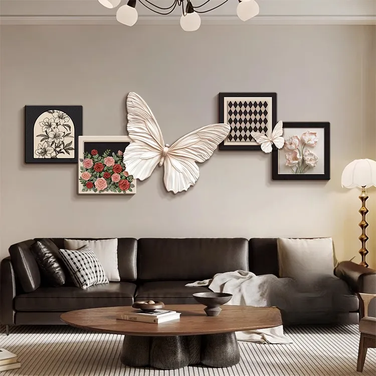  法式中古风客厅装饰画黑白蝴蝶玫瑰沙发背景墙挂画卧室床头壁画