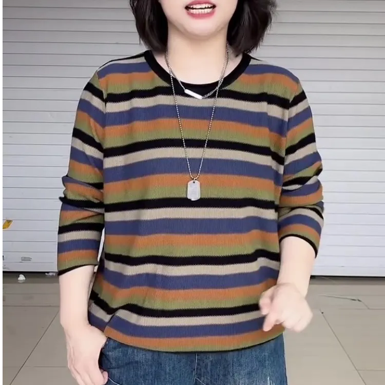 百搭时尚针织长袖女夏季条纹针织圆领毛针织衫套头上衣韩版毛衣