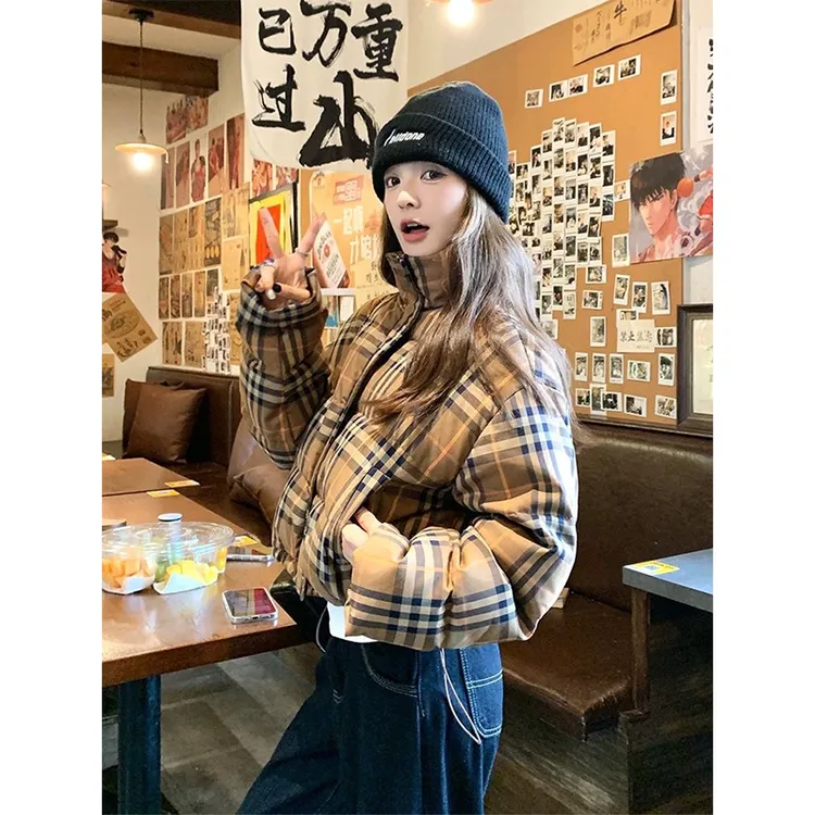 设计感格子短款棉服女2025冬季新款小个子加厚面包服棉衣外套